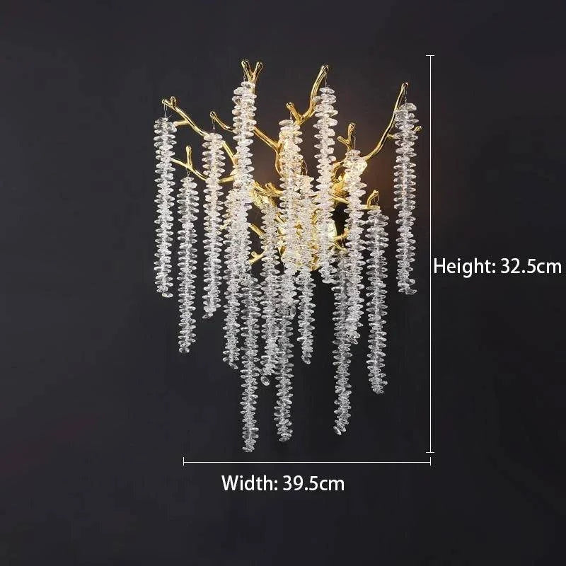 Celestial Collection Crystal Wall Sconce with gold metal and transparent crystals, modern design.