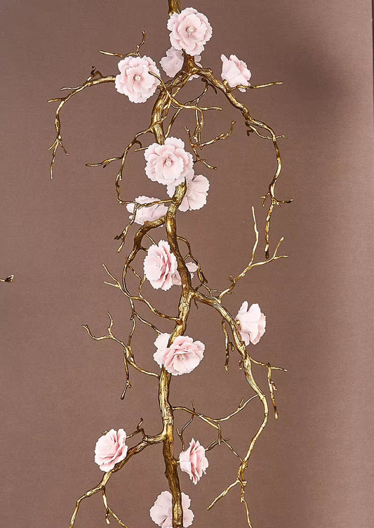 Elegant all-copper branch chandelier with ceramic flowers and warm light