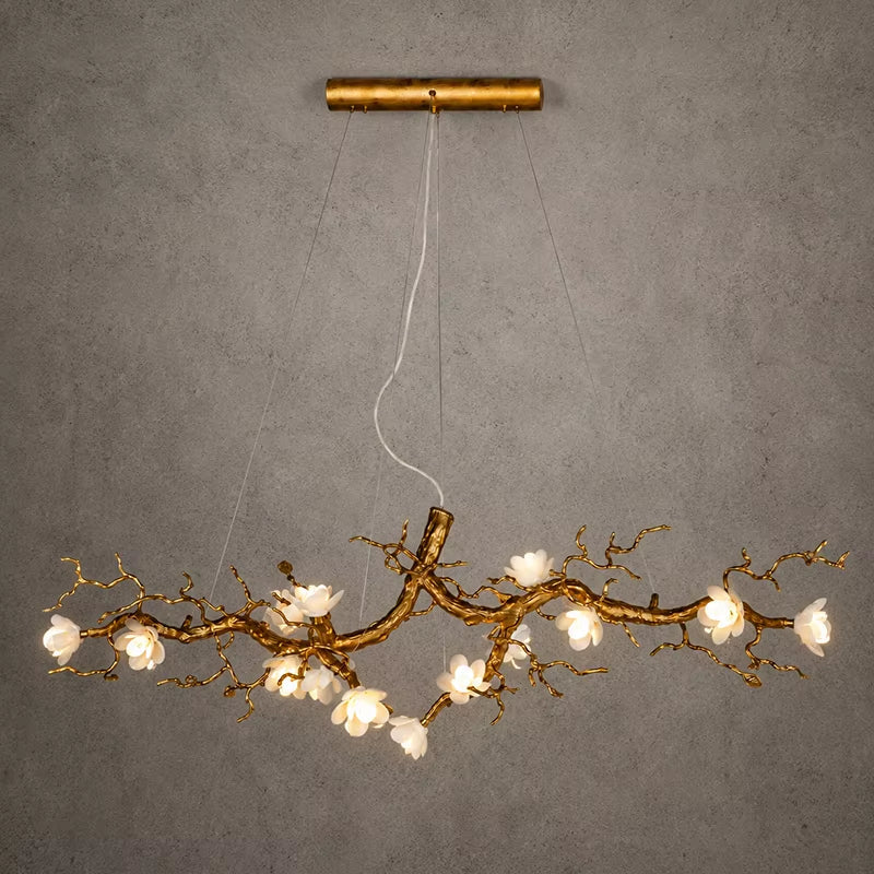 Magnolia Brass Branch Chandelier with copper and ceramic petals in antique gold finish, modern minimalist design