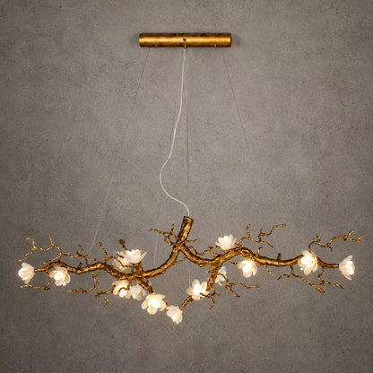 Magnolia Brass Branch Chandelier with copper and ceramic petals in antique gold finish, modern minimalist design