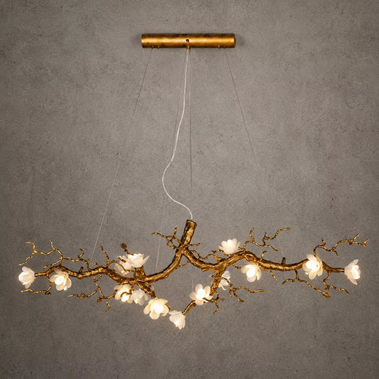 Magnolia Brass Branch Chandelier with copper and ceramic petals in antique gold finish, modern minimalist design