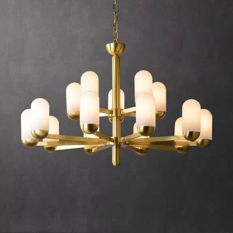 Spanish marble chandelier with brass arms and frosted glass lights, pendant mount design