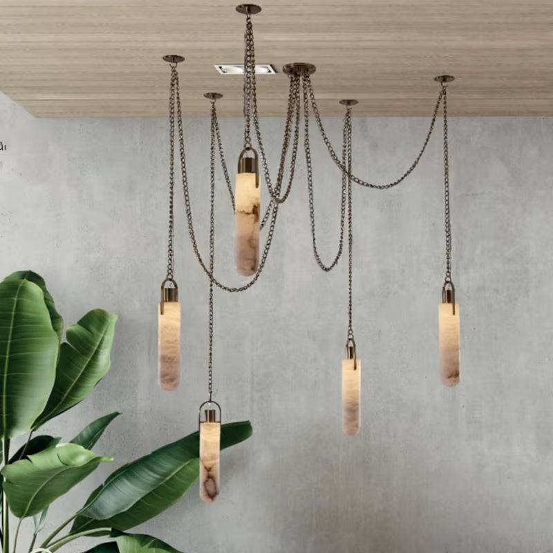Modern Spanish marble chain chandelier pendant ceiling light with wrought iron and LED bulbs