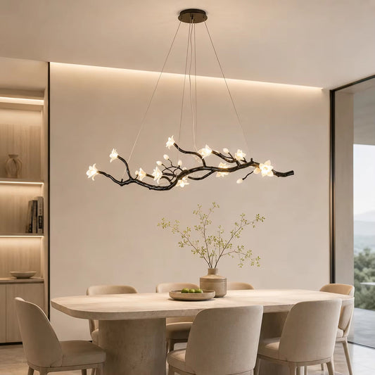 Brass and ceramic floral chandelier with golden-brown finish and warm and cool light options