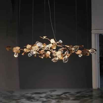 Modern brass glass leaf chandelier with LED bulbs, warm and cold light options, suitable for living and dining rooms