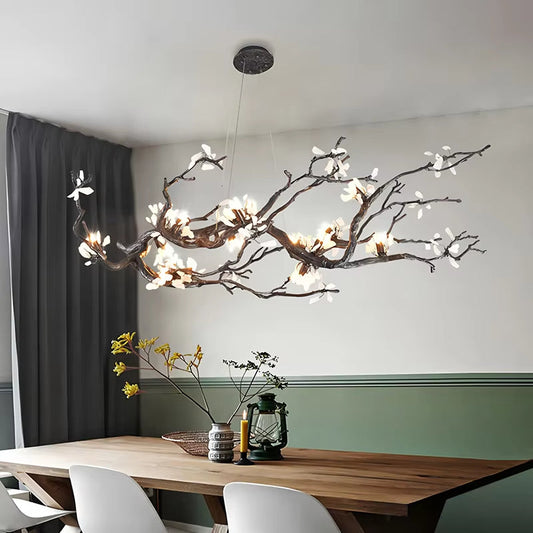 All-Copper Creative LED Branch Chandelier with copper and stone material in black finish, warm and cool white LED light for living room and lobby