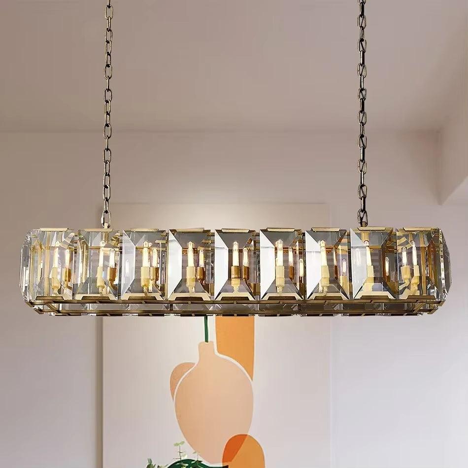 Farmhouse Crystal rectangular chandelier with gold metal frame and glass panels, dimmable E12 bulbs, elegant lighting fixture for dining rooms and living spaces