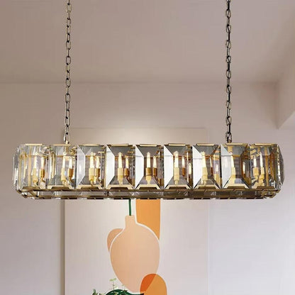 Farmhouse Crystal rectangular chandelier with gold metal frame and glass panels, dimmable E12 bulbs, elegant lighting fixture for dining rooms and living spaces