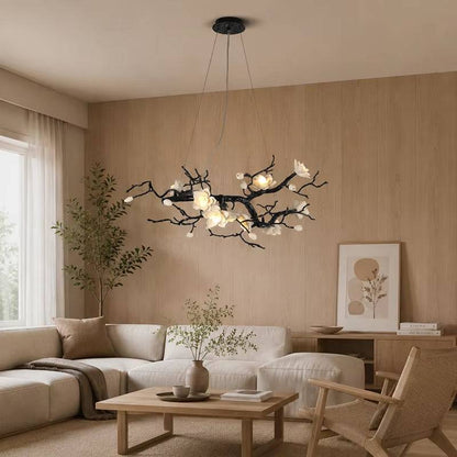All-Copper Magnolia Pendant Light with copper and ceramic flowers, modern minimalist design, warm and cool LED lighting, dimmable options, ideal for living rooms and luxury spaces