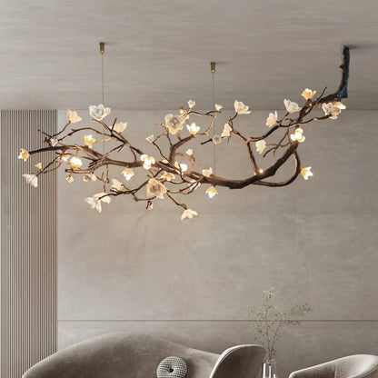 Italian ceramic and all-copper branch-style lamp with ceramic flowers and golden brown finish