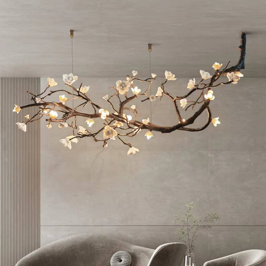 Italian ceramic and all-copper branch-style lamp with ceramic flowers and golden brown finish