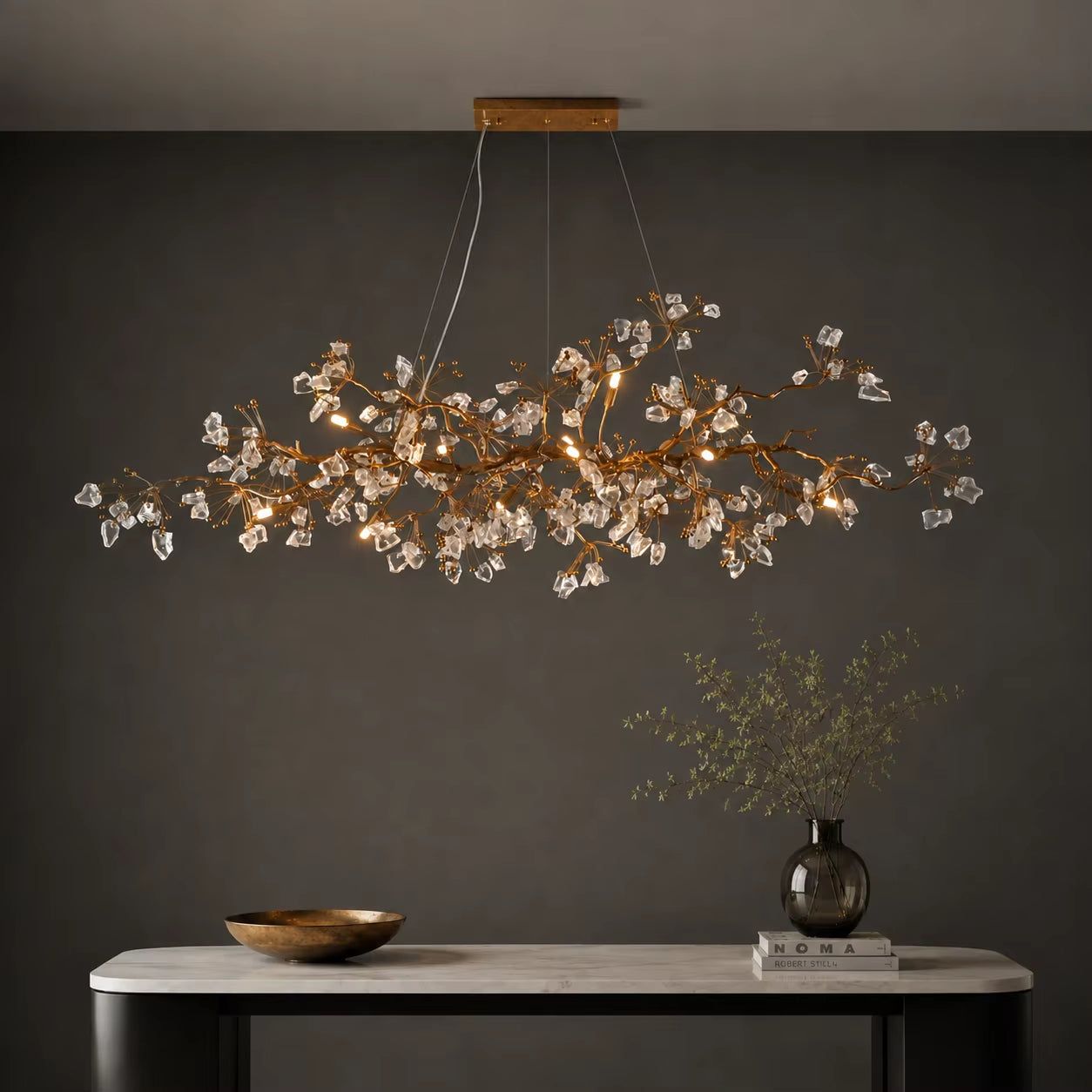 Handcrafted copper branch chandelier with crystal accents in antique gold finish, modern minimalist style