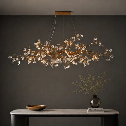 Handcrafted copper branch chandelier with crystal accents in antique gold finish, modern minimalist style