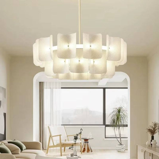Simple white acrylic lamp with LED bulbs in modern living room setting