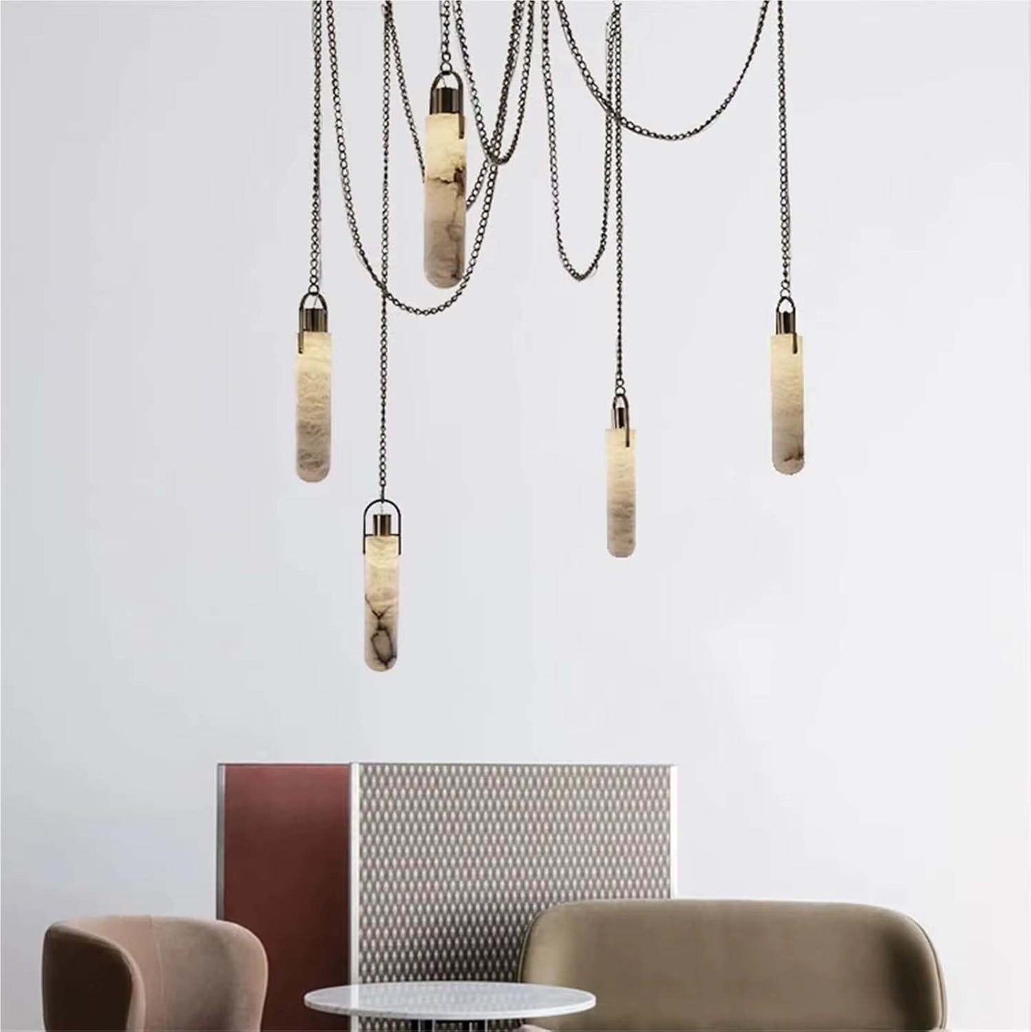 Modern Spanish marble chain chandelier pendant light with wrought iron chains and LED bulbs