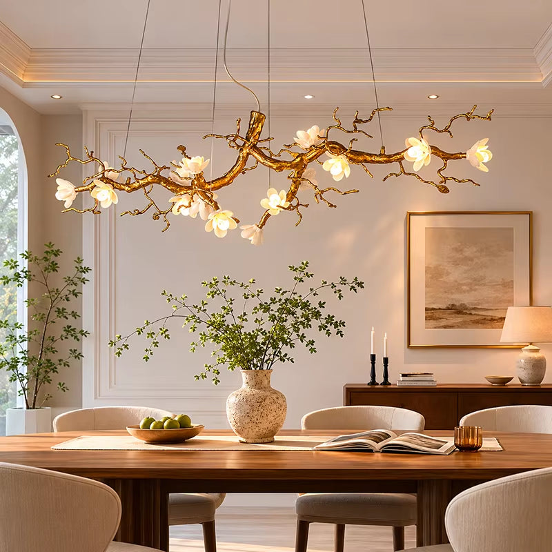 Magnolia Brass Branch Chandelier with copper and ceramic petals in antique gold finish, modern minimalist design