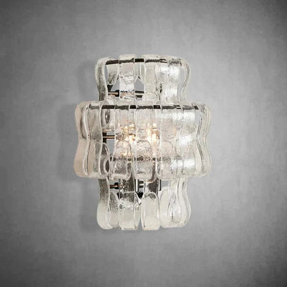 Ghiaccio Glass Wall Sconce in antique brass and matte black finish, featuring metal and glass design, 12.5" width, two dimmable bulbs, ideal for home and hospitality spaces.