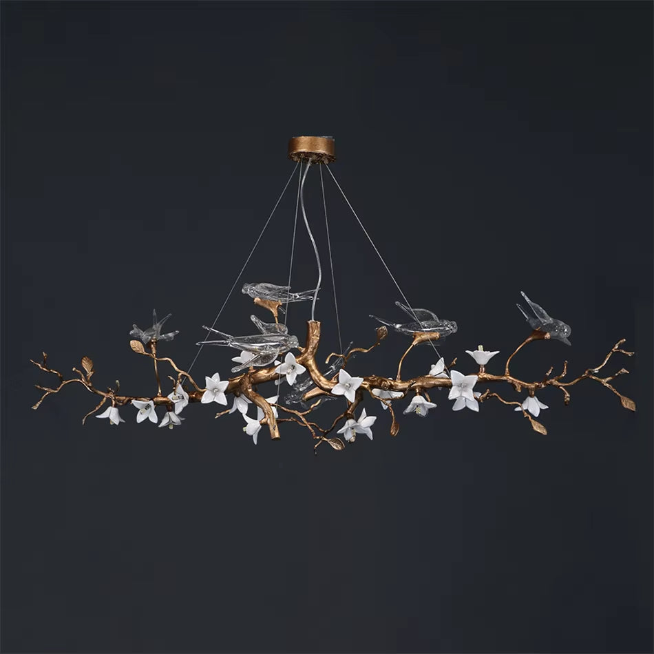 Modern Glass Bird Crystal LED pendant light with golden brown fixture and glass flower decoration