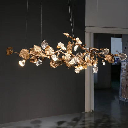 Modern brass glass leaf chandelier with LED bulbs, warm and cold light options, suitable for living and dining rooms