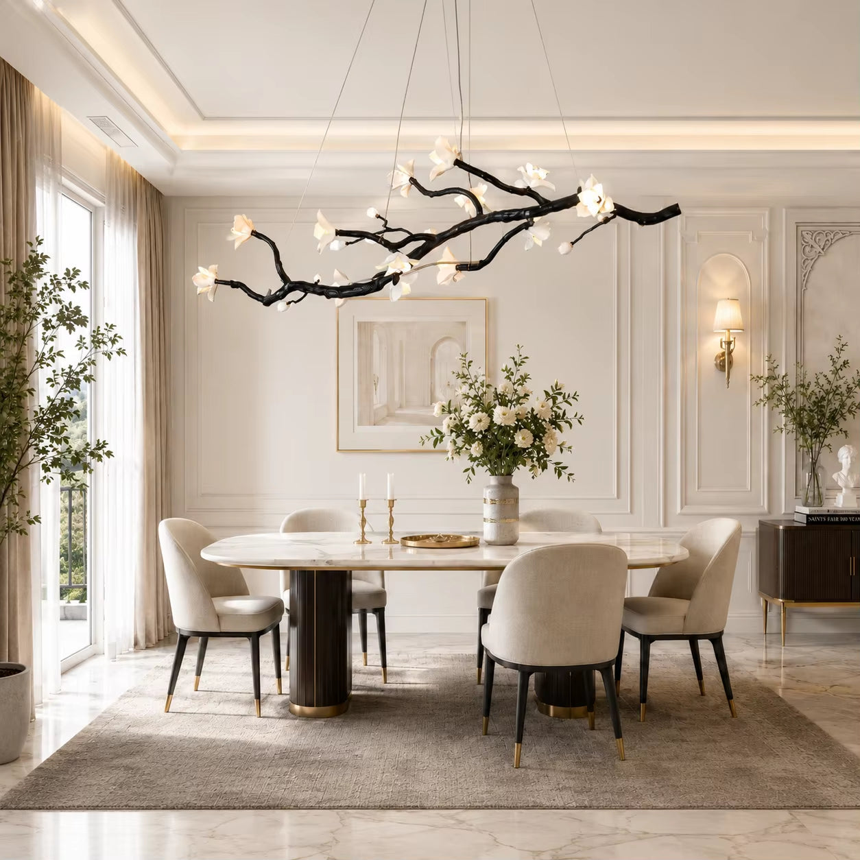 Brass and ceramic floral chandelier with golden-brown finish and warm and cool lighting options