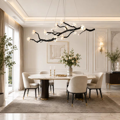 Brass and ceramic floral chandelier with golden-brown finish and warm and cool lighting options