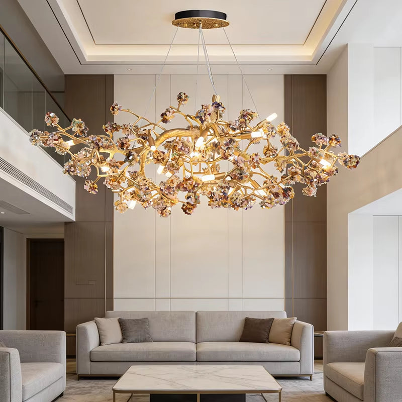 Modern natural crystal and solid brass chandelier with touch switch and dimmable lighting