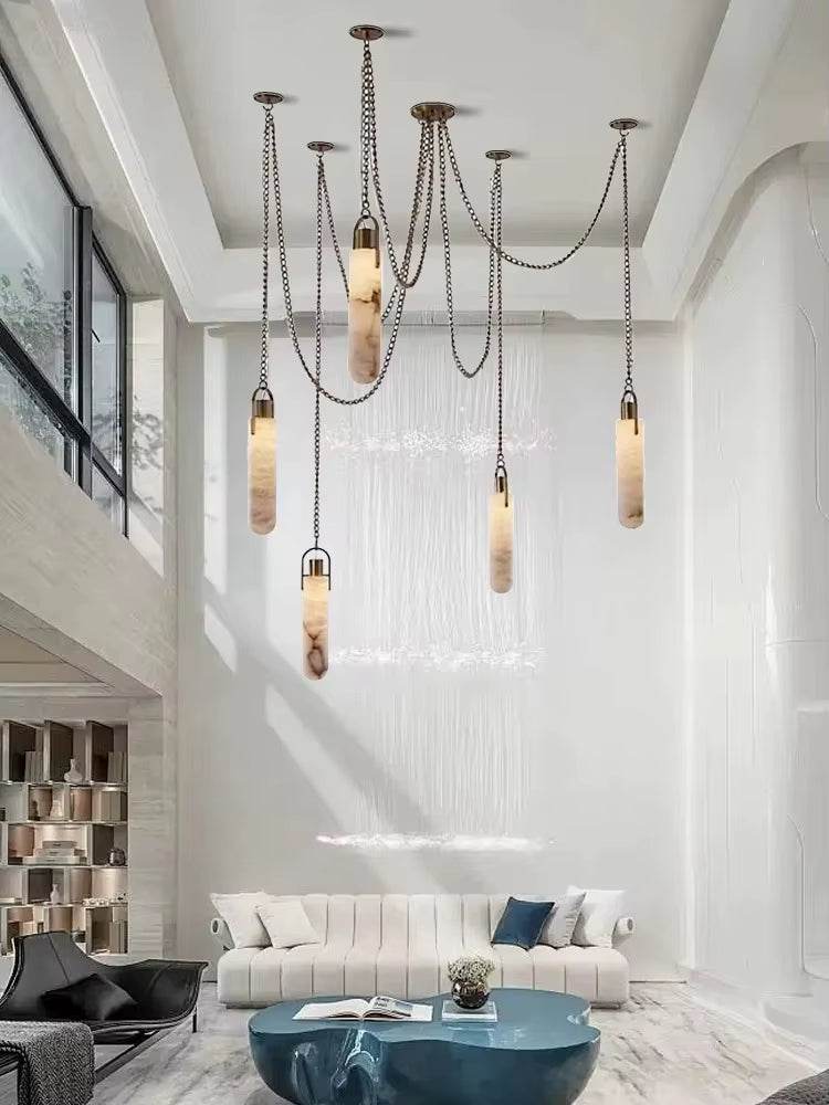 modern Spanish marble chain chandelier pendant ceiling light with wrought iron and LED bulbs