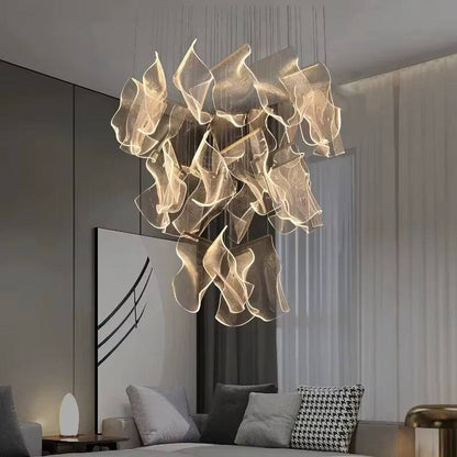 Modern Light Guide LED pendant light with layered acrylic design hanging in a stylish living room