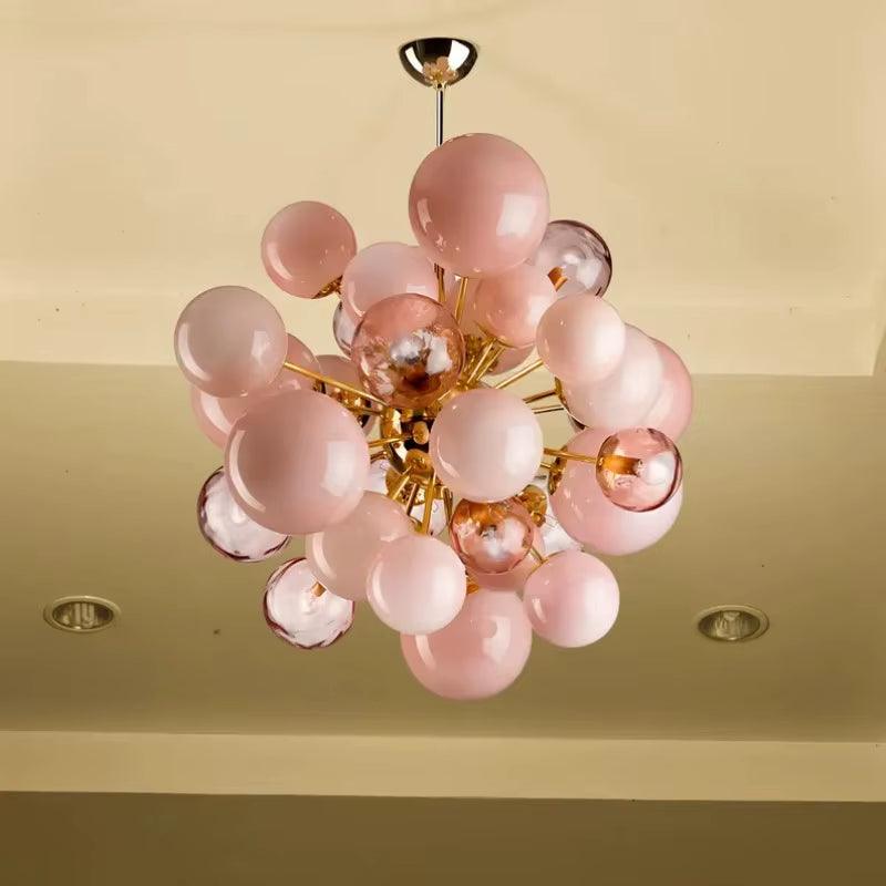 Modern pink bubble glass chandelier with metal frame and LED bulbs