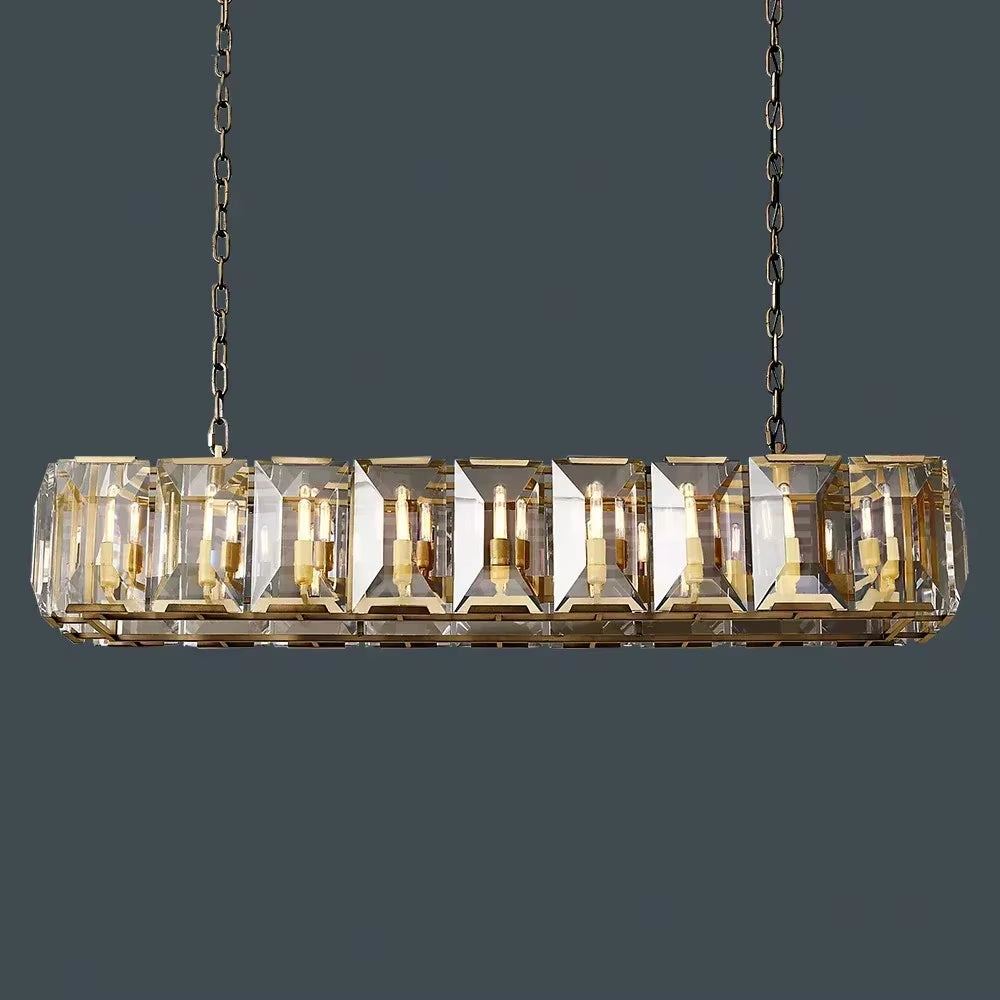 Farmhouse Crystal rectangular chandelier with gold metal frame and glass panels hanging on chain