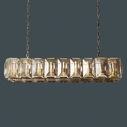Farmhouse Crystal rectangular chandelier with gold metal frame and glass panels hanging on chain