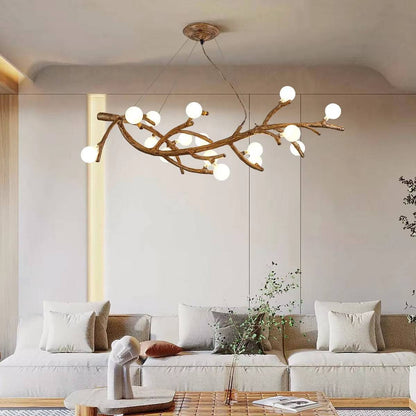 Modern tree branch chandelier with 42 frosted glass lights and adjustable hanging wire in living room setting