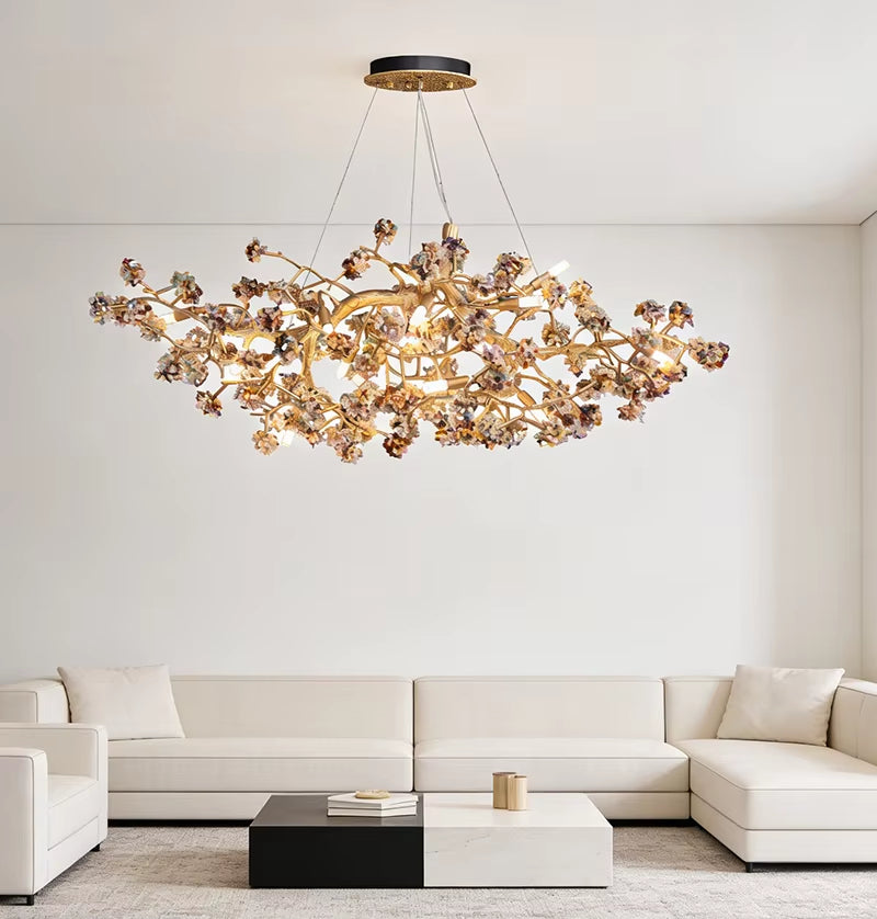 Modern natural crystal and solid brass chandelier with dimmable warm and cool LED lighting