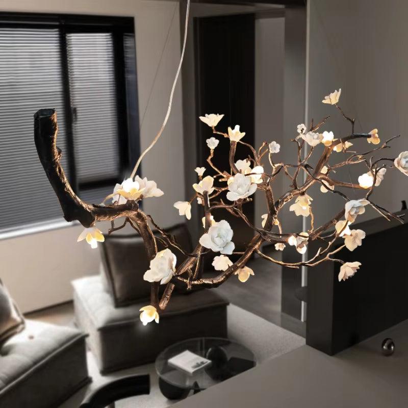 Italian Ceramic and All-Copper Branch-Style Lamp with Ceramic Flowers in Golden Brown for Modern Interiors