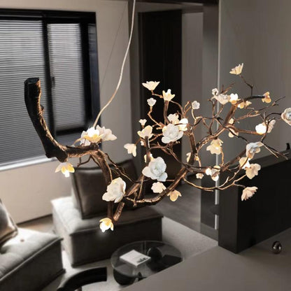 Italian Ceramic and All-Copper Branch-Style Lamp with Ceramic Flowers in Golden Brown for Modern Interiors