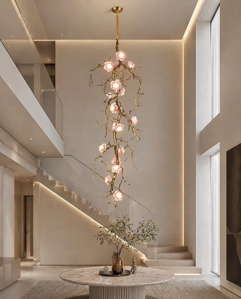All-copper branch and flower chandelier with gold-brown finish and ceramic flowers