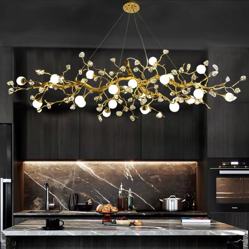 Elegant glass globe pendant light with crystal chandelier and adjustable copper suspension cable