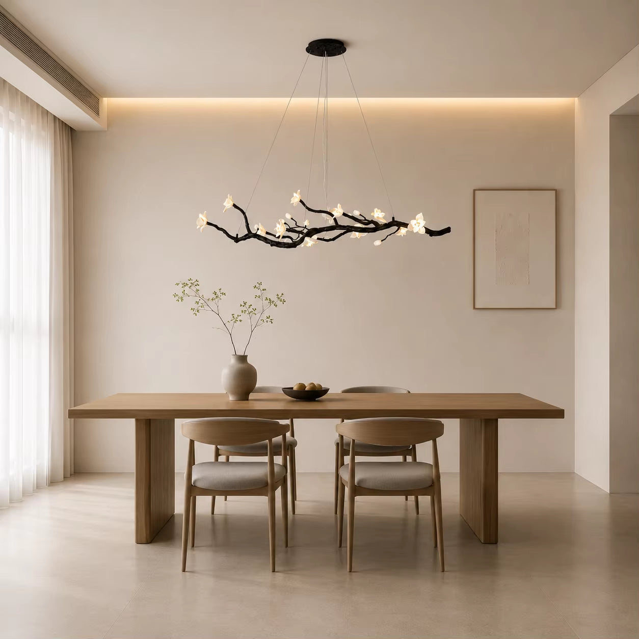 Brass and ceramic floral chandelier with golden-brown finish and warm cool light options in modern minimalist style