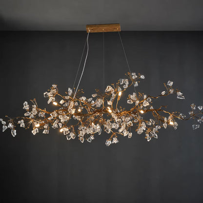 Handcrafted copper branch chandelier with crystal accents and warm light, antique gold finish.