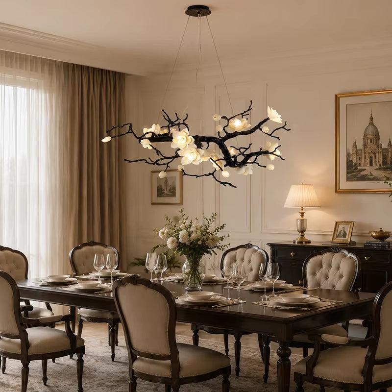 All-Copper Magnolia Pendant Light with copper and ceramic flowers, modern design, LED bulbs, warm and cool light options, dimmable features, large diameter chandelier ideal for living rooms and luxury spaces