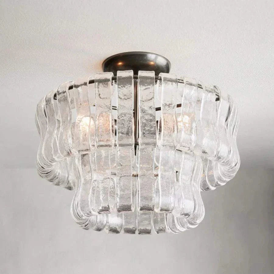 Ghiaccio Glass Flushmount with antique brass finish, 18" diameter, featuring glass and metal construction.