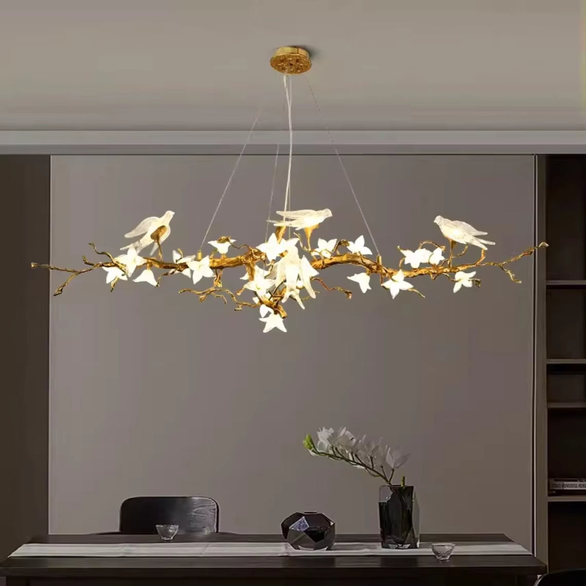 Glass Bird Crystal LED pendant light with copper and glass flower in golden brown finish