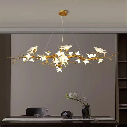 Glass Bird Crystal LED pendant light with copper and glass flower in golden brown finish