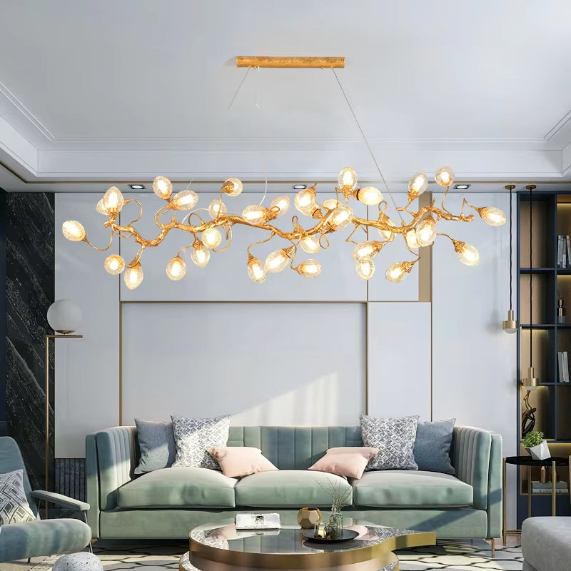 Brass and crystal ball branch chandelier with copper finish and fruit-shaped crystals
