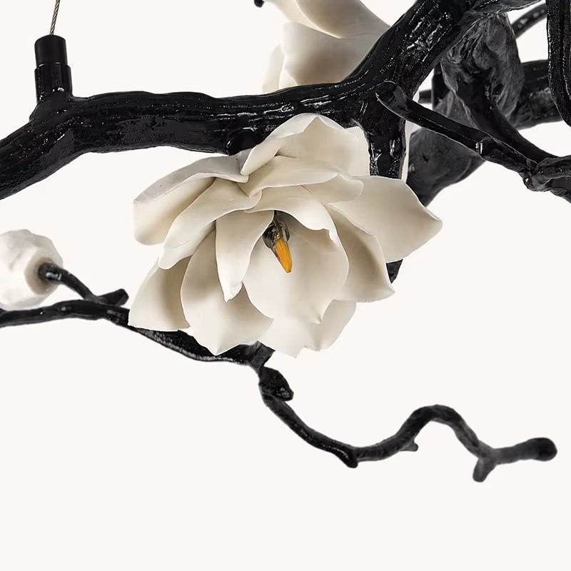 All-Copper Magnolia Pendant Light with ceramic flowers and adjustable suspension cable