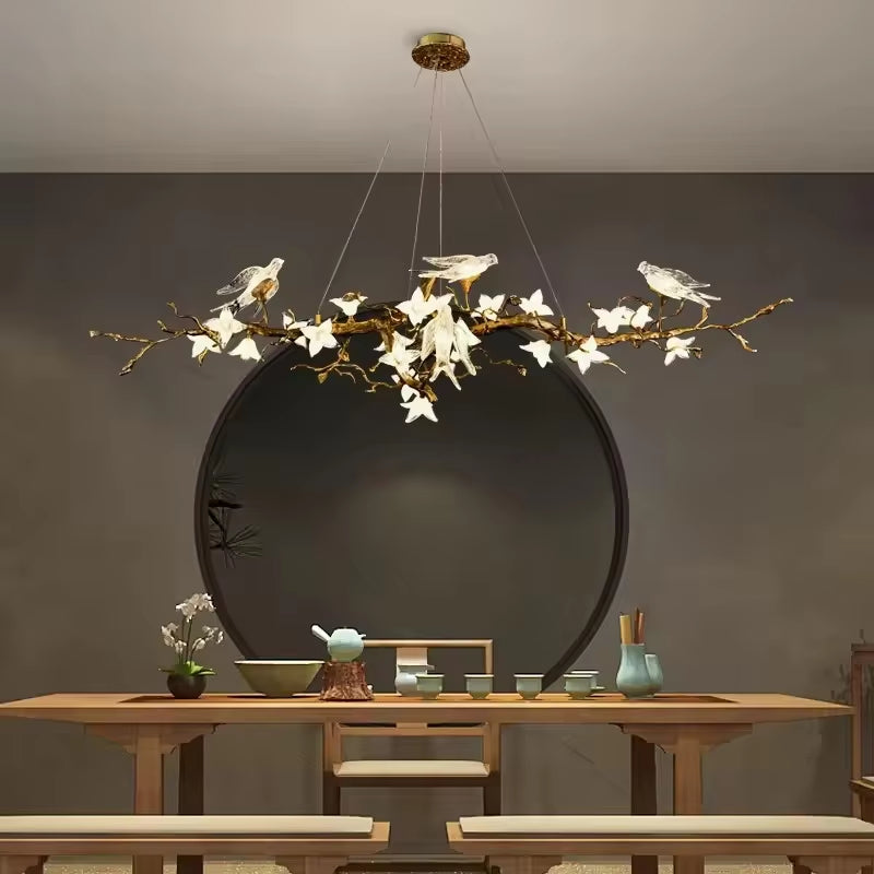 Modern Glass Bird Crystal LED pendant light with copper and glass flower details