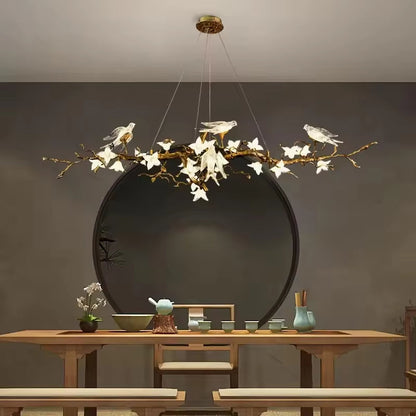 Modern Glass Bird Crystal LED pendant light with copper and glass flower details