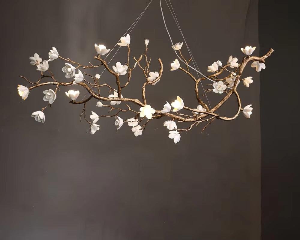 Italian ceramic and all-copper branch-style lamp with golden brown finish and ceramic flowers