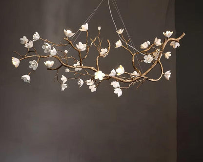 Italian ceramic and all-copper branch-style lamp with golden brown finish and ceramic flowers