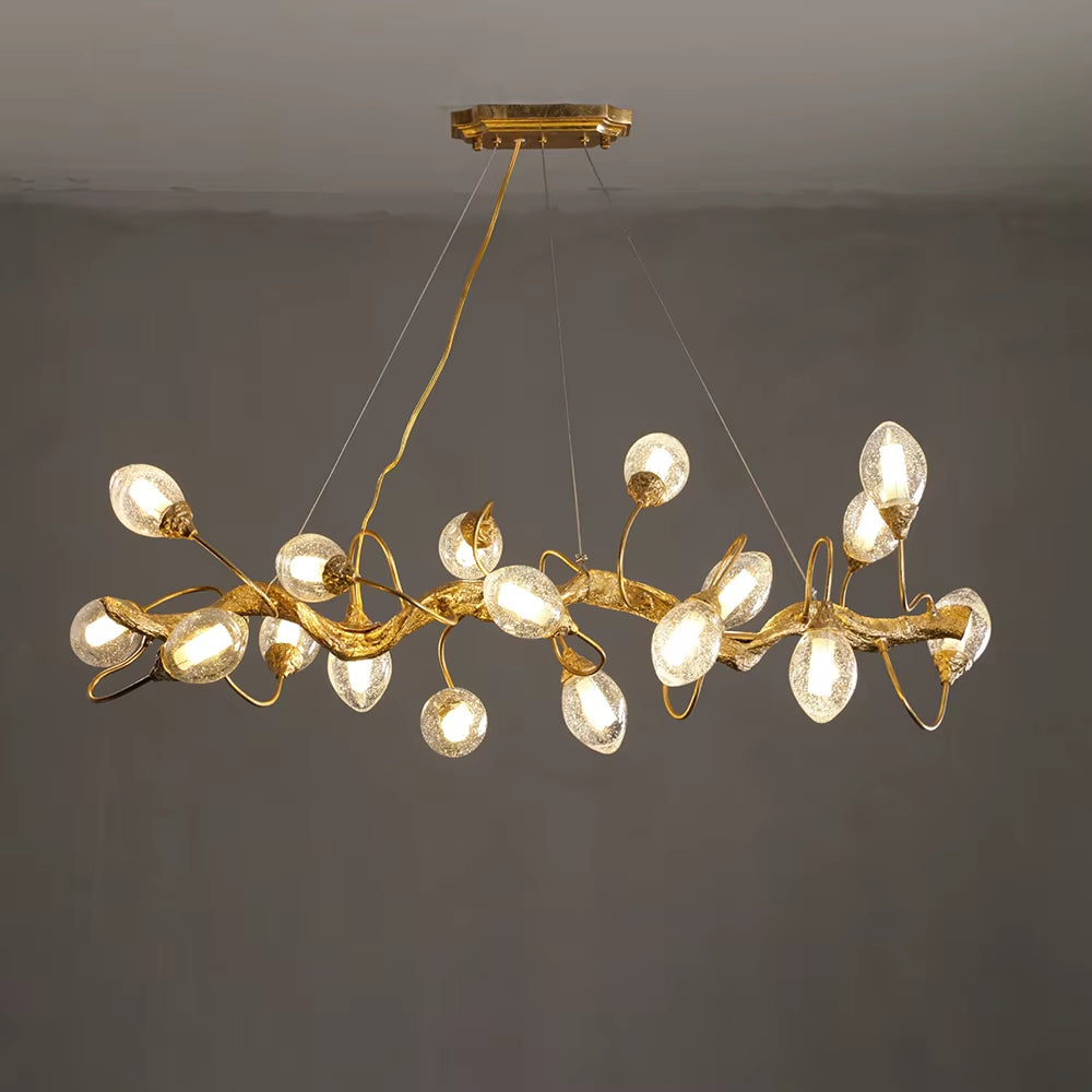 Brass and crystal ball branch chandelier with fruit-shaped crystal spheres and G9 light bulbs in golden brown finish